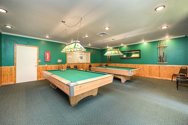 game room with crown molding, pool table, carpet floors, and wood walls