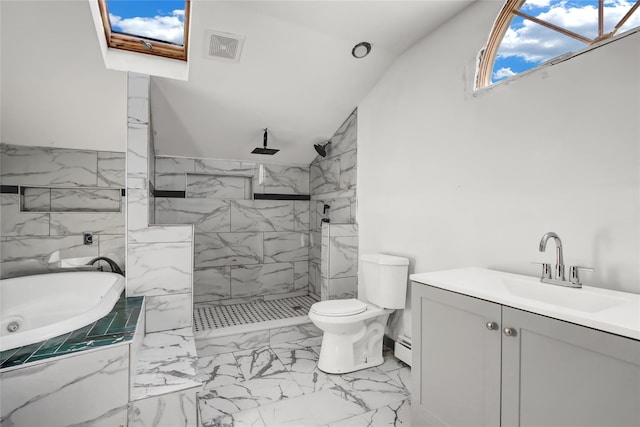 full bathroom featuring a baseboard heating unit, vanity, shower with separate bathtub, toilet, and lofted ceiling with skylight