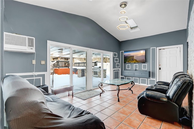 tiled living room featuring a wall mounted air conditioner and lofted ceiling