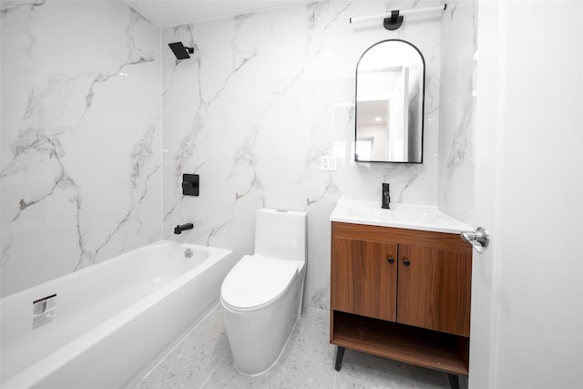 full bathroom featuring toilet, shower / tub combination, tile walls, and vanity