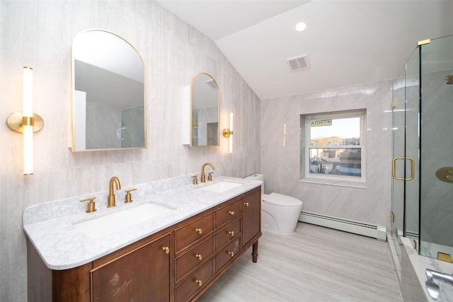 bathroom with baseboard heating, toilet, walk in shower, vanity, and lofted ceiling