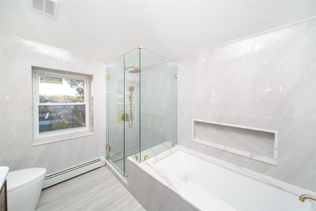 bathroom featuring baseboard heating, independent shower and bath, and toilet