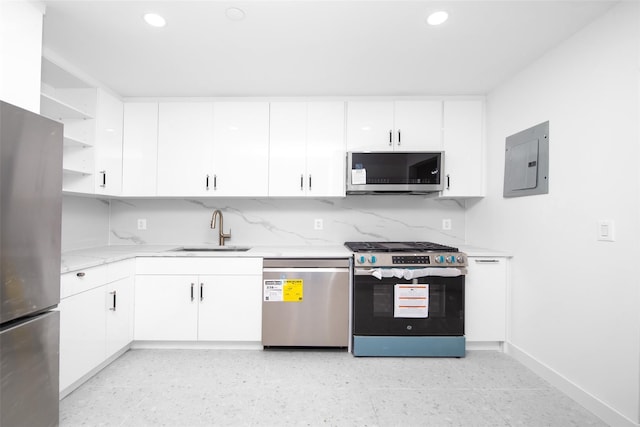 kitchen with white cabinets, stainless steel appliances, sink, backsplash, and electric panel