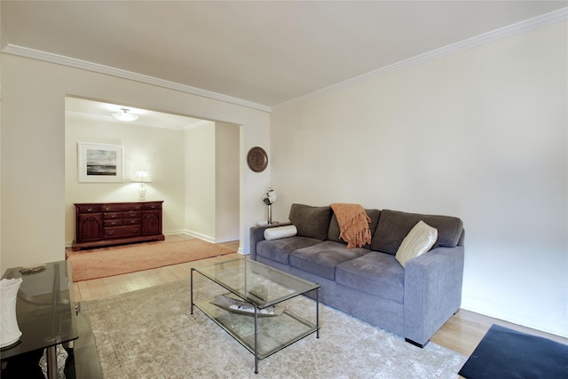 living room with light hardwood / wood-style floors and ornamental molding