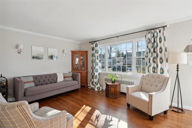 living room featuring ornamental molding, radiator, and hardwood / wood-style floors