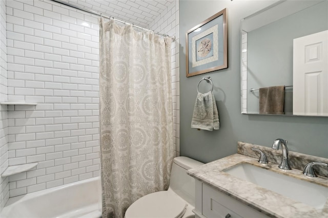 full bathroom with shower / bath combination with curtain, vanity, and toilet