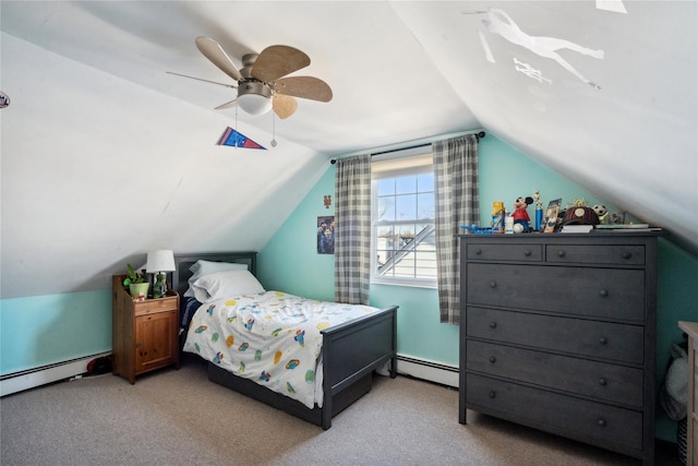 carpeted bedroom featuring vaulted ceiling, ceiling fan, and baseboard heating