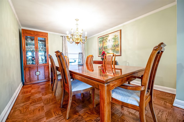 dining area featuring parquet floors, ornamental molding, and an inviting chandelier