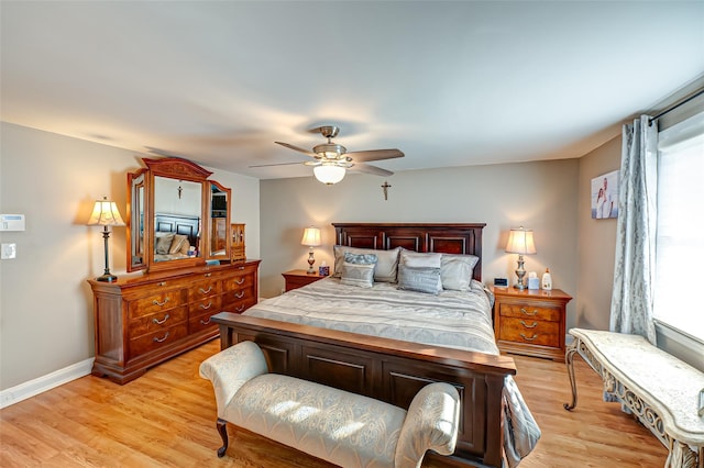 bedroom featuring ceiling fan and light wood-type flooring