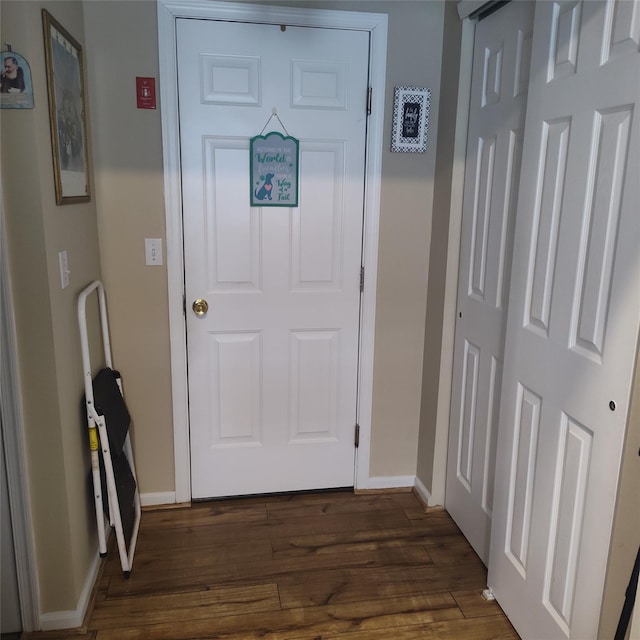 doorway with dark hardwood / wood-style floors