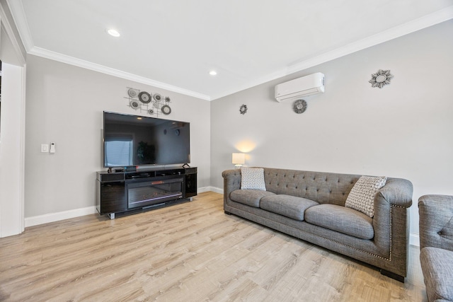 living room featuring crown molding, light hardwood / wood-style floors, and a wall mounted air conditioner