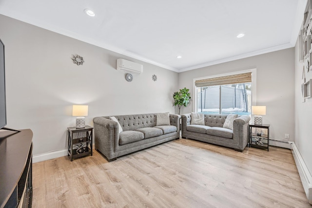 living room with light hardwood / wood-style flooring, an AC wall unit, and ornamental molding