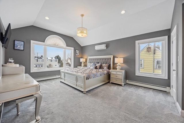 carpeted bedroom featuring a wall unit AC, baseboard heating, and lofted ceiling