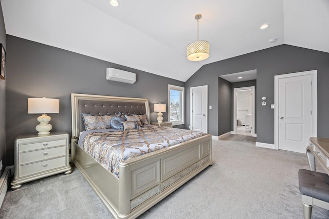 bedroom featuring vaulted ceiling, a wall mounted air conditioner, a baseboard radiator, and light carpet