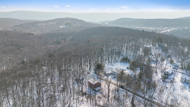 snowy aerial view featuring a mountain view