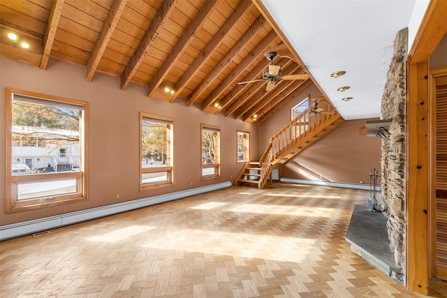 additional living space featuring high vaulted ceiling, light parquet floors, beam ceiling, and wood ceiling