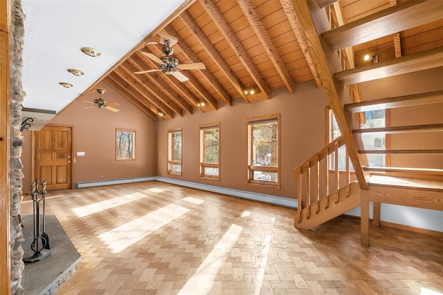 unfurnished living room featuring wooden ceiling, a baseboard radiator, light parquet floors, high vaulted ceiling, and beam ceiling