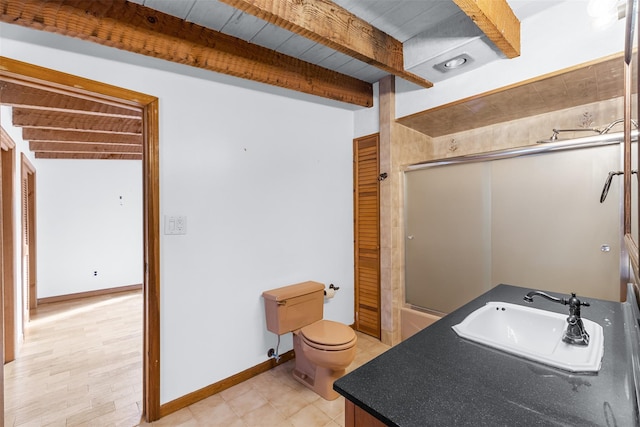 full bathroom with wood ceiling, vanity, toilet, combined bath / shower with glass door, and beam ceiling