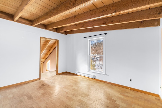 unfurnished room with wood ceiling, baseboard heating, hardwood / wood-style flooring, and beamed ceiling