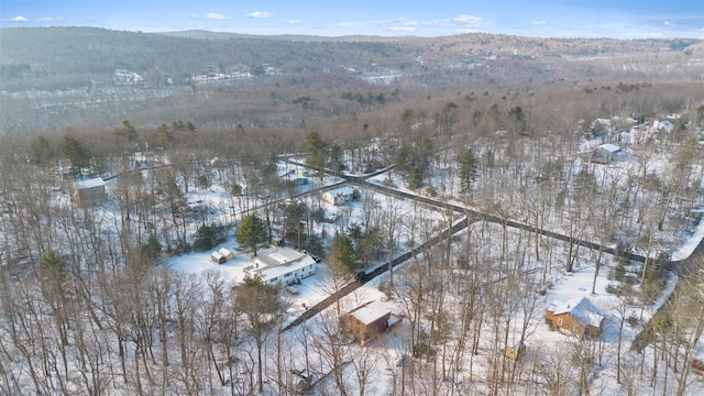 snowy aerial view featuring a mountain view