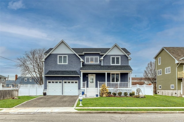 craftsman house featuring a garage, covered porch, and a front lawn