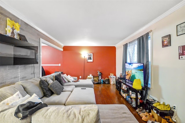 living room featuring crown molding and dark hardwood / wood-style floors