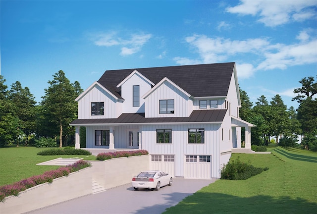 modern farmhouse featuring a garage and a front lawn