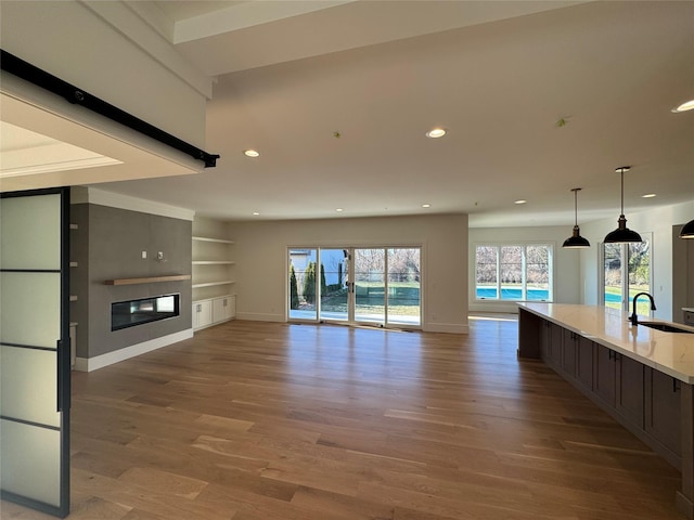 unfurnished living room featuring sink, built in shelves, and wood-type flooring