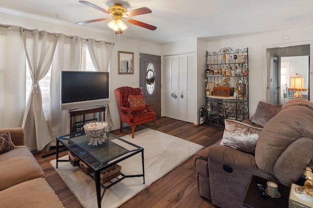 living room featuring ceiling fan and dark hardwood / wood-style floors