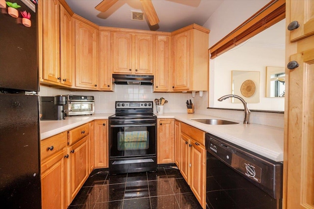 kitchen featuring sink, ceiling fan, black appliances, decorative backsplash, and light brown cabinets