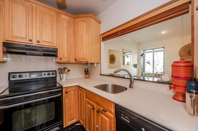 kitchen featuring sink, crown molding, backsplash, black appliances, and light brown cabinets