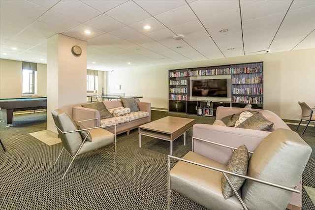 carpeted living room featuring billiards