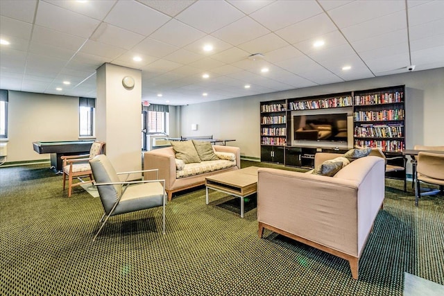 carpeted living room featuring pool table