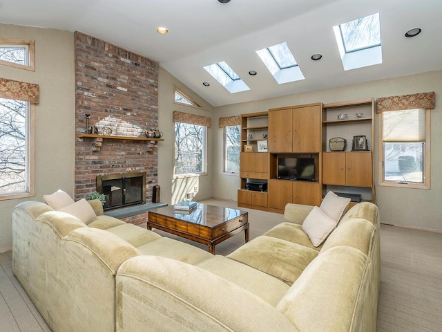 living room with a fireplace and vaulted ceiling