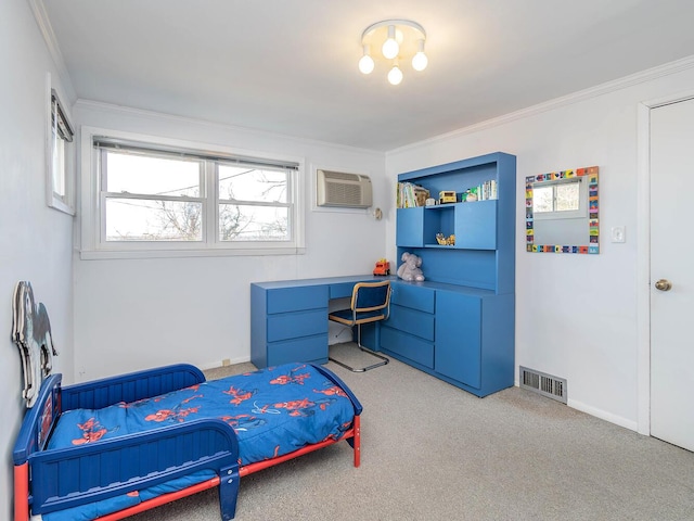 carpeted bedroom featuring crown molding and a wall unit AC