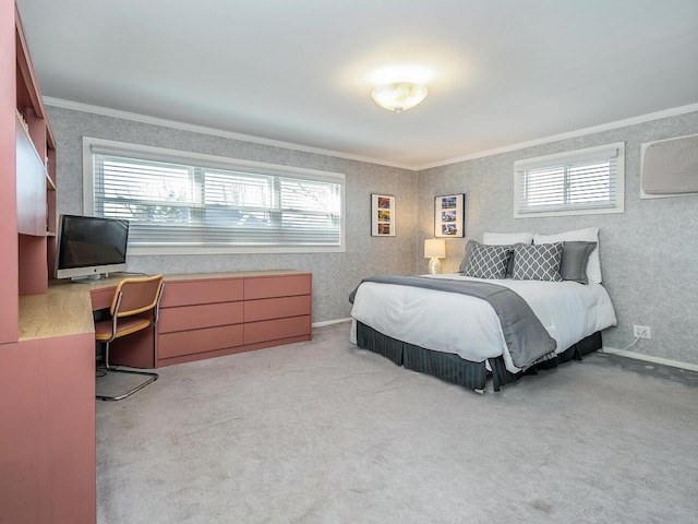 bedroom with light carpet and crown molding