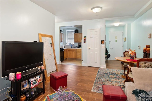 living room featuring sink and hardwood / wood-style floors