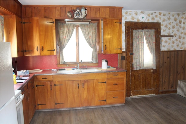 kitchen with sink, dark wood-type flooring, radiator, refrigerator, and electric range