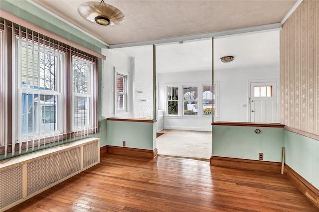 foyer entrance featuring wood-type flooring, radiator heating unit, and a healthy amount of sunlight