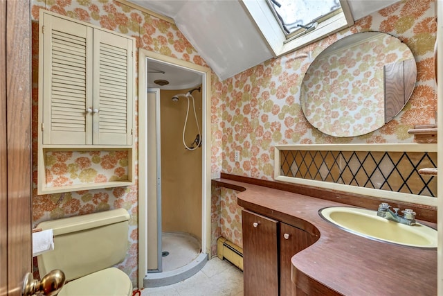 bathroom featuring a shower, a baseboard heating unit, vaulted ceiling with skylight, toilet, and vanity