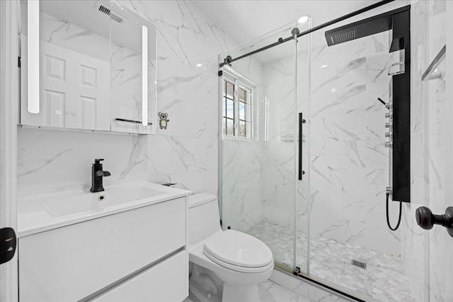 bathroom featuring an enclosed shower, vanity, backsplash, tile walls, and toilet