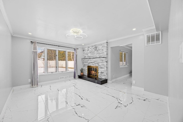 living room featuring a fireplace and ornamental molding