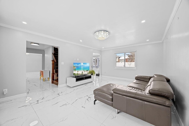 living room featuring ornamental molding and an inviting chandelier