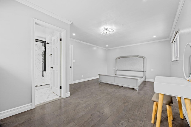 unfurnished bedroom with connected bathroom, dark hardwood / wood-style floors, and crown molding