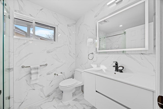 bathroom with toilet, a shower, and vanity