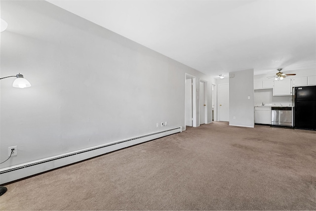 unfurnished living room with ceiling fan, a baseboard radiator, and light colored carpet