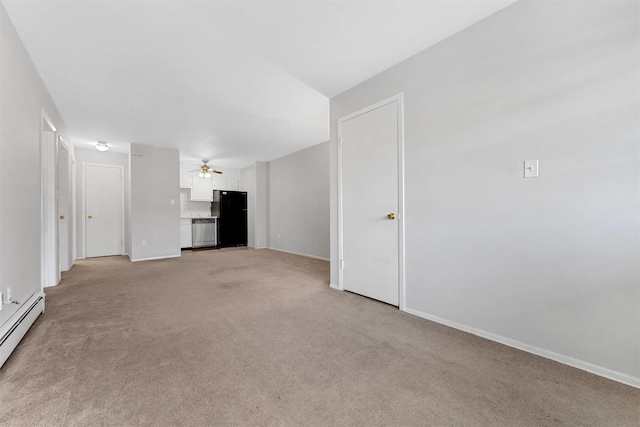 unfurnished living room with ceiling fan, a baseboard radiator, and light carpet