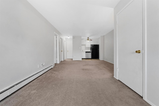 unfurnished living room featuring ceiling fan, light carpet, and baseboard heating