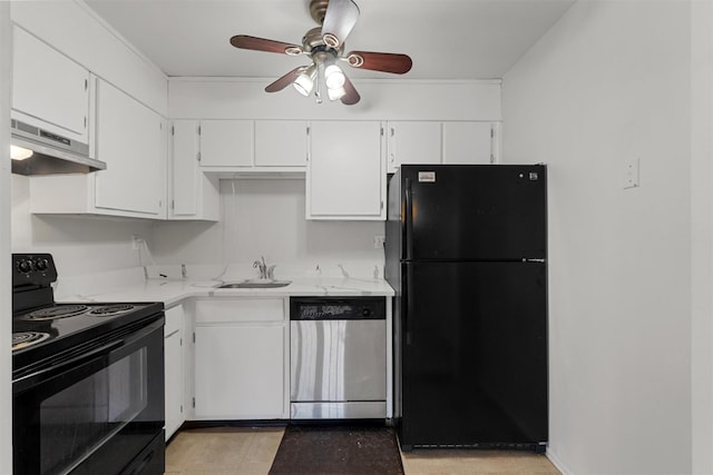 kitchen featuring white cabinetry, sink, black appliances, and ceiling fan