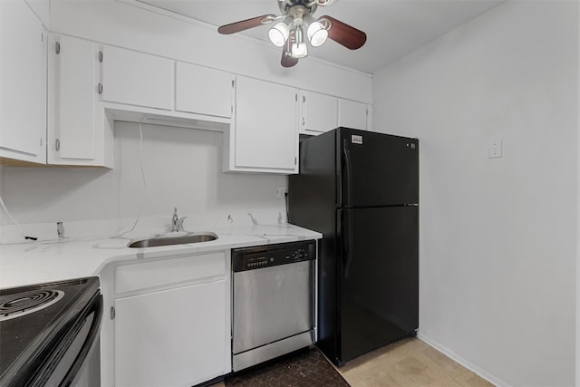 kitchen featuring sink, black appliances, ceiling fan, light stone countertops, and white cabinets